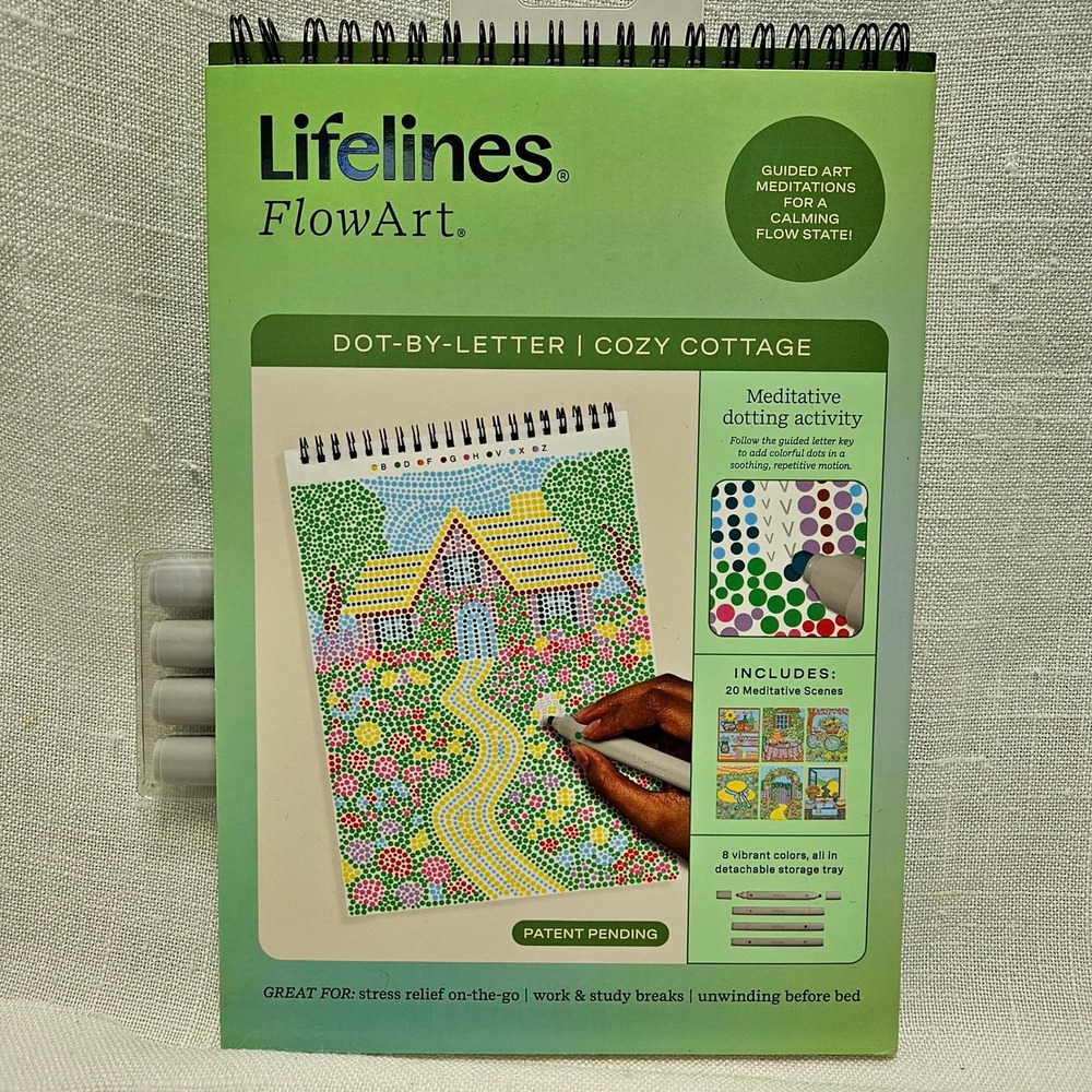 Lifelines FlowArt Dot-By-Letter Cozy Cottage Art Meditations Kit 8 Markers NEW